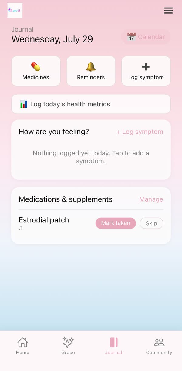 Grace45 journal screen showing today's check-in and medications